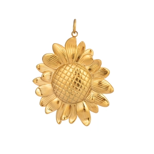 Detailed macro view of an 18K gold-plated stainless steel sunflower pendant on white background