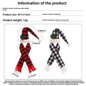 Detailed view of plaid Christmas wine bottle covers with scarf and hat size dimensions