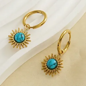 Vintage Sunburst Dangle Earrings 18K Gold Plated Stainless Steel Blue Turquoise Sun Flower Hoop Earrings For Women