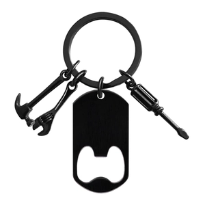 Black stainless steel keychain with mini tool charms including hammer and bottle opener