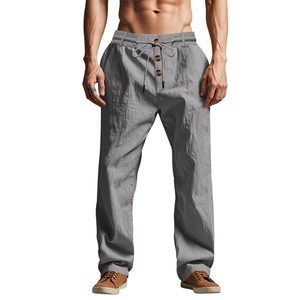 Men's grey cotton linen casual pants with drawstring waist and button details