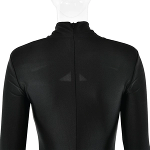 Close-up of the back zipper closure on a sleek black long-sleeve high-neck bodycon dress