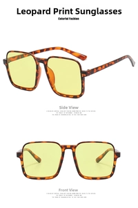 Detail view of tortoiseshell oversized square sunglasses with yellow lenses from two angles