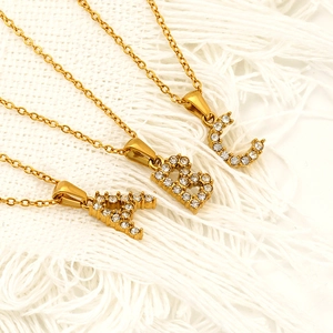 Gold square alphabet pendants A, B, C with zircon inlay on minimalist necklace