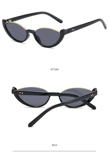 Detailed views of black and gold half-frame cat-eye sunglasses from 45-degree side and back