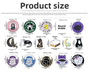 Size chart showing dimensions and weight for sixteen unique cartoon cat enamel badges