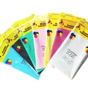 Close-up of reusable plastic tablecloths in 7 colors showing size 137x183cm details