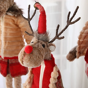 Christmas reindeer plush doll with long legs in red knitted vest and hat for holiday decor