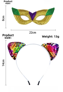Detail view of sequined cat eye mask and glitter cat ear headband with dimensions