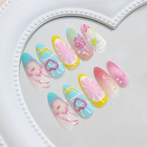 Floral and heart pattern long almond press-on nails set with 3D pearl decorations