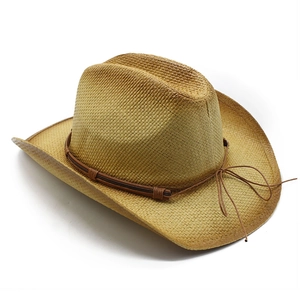 Ethno-Strohhut im Western-Cowboy-Stil mit breiter Krempe und braunem Lederband