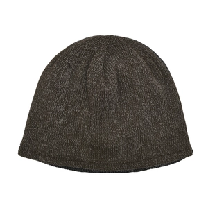 Detailed texture of dark brown winter beanie with reflective thread and thermal fleece lining