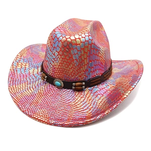 Detailed view of the iridescent snakeskin texture and turquoise bead trim on cowboy hat