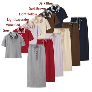 Women Short Sleeve Polo Collar Top And Elastic Waist Drawstring Long Skirt Plaid Trim Knit Casual Streetwear Outfits