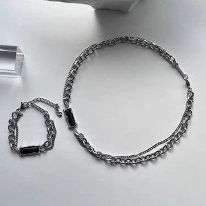 Men's titanium steel layered necklace and bracelet set with black rectangular zircon stones