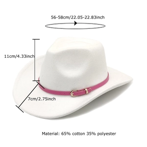White Western cowboy wool hat with pink buckle belt and detailed size dimensions