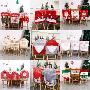 Christmas Chair Covers 3D Cartoon Santa Snowman Reindeer Pattern Linen Sequin Fabric Dining Room Seat Back Protectors For Festive Holiday Home Restaurant Decor