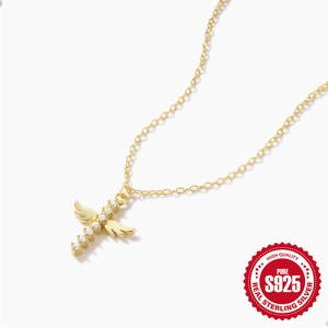 Elegant 925 sterling silver gold cross necklace with angel wings and sparkling zircons