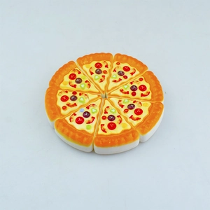 Top view of 6-piece miniature simulation pizza squishy toy set with realistic textures