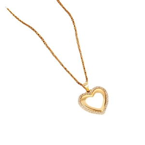 Elegant gold hollow heart pendant necklace with shimmering zircon stones on white background