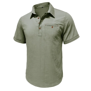 Detailed view of army green cotton linen men's shirt with chest pocket and lapel