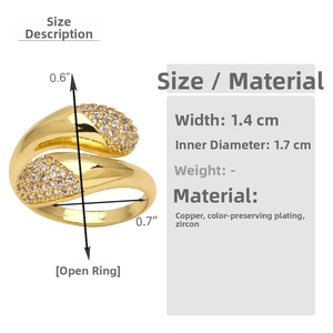 Detail of gold-plated wing ring with cubic zirconia inlay showing dimensions of 1.4cm width