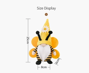 Detailed size display of a bee gnome plush doll with yellow wings and daisy hat decor