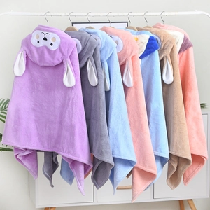 Children Hooded Bath Towel Thick Absorbent Coral Fleece Poncho Bathrobe Cartoon Animal Ears For Baby Toddler Shower Beach