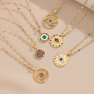 Evil Eye Pendant Necklace Stainless Steel Link Chain Copper Round Coin Colorful Zircon Enamel Retro Bohemian Charm For Women