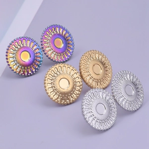 Detailed view of round 304 stainless steel earrings in rainbow, gold, and silver finishes