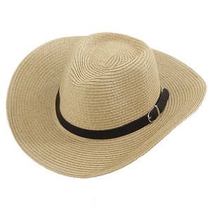 Classic straw western cowboy hat with black leather band and wide brim for sun protection
