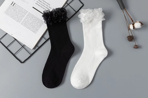 Détail de chaussettes blanches et noires avec volants en dentelle et maille côtelée