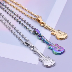 Minimalist guitar pendant necklaces in gold, silver and rainbow stainless steel finishes