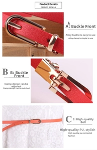 Detail of red PU leather belt featuring a golden adjustable alloy buckle and clip design