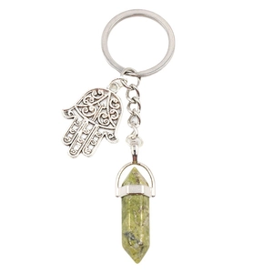 Hamsa Hand keychain with green hexagonal crystal pillar pendant in silver finish