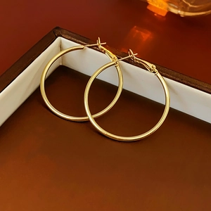 Detail shot of golden circular hoop earrings in a jewelry box with warm lighting