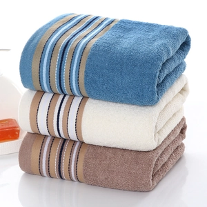 Three-piece thick cotton bath towel set in blue, white, and brown with striped texture