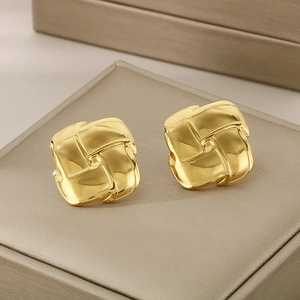 Square textured stainless steel stud earrings with golden woven design for women