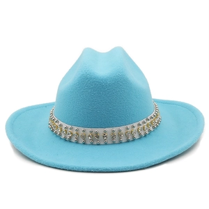 Sky blue wool jazz fedora hat featuring rhinestone and metal stud trim for women and men