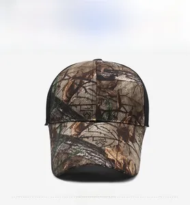 Front view of camouflage baseball cap featuring breathable mesh and leaf pattern