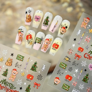 Cute Christmas bear and tree nail art stickers with TS-4197 press-on nails set