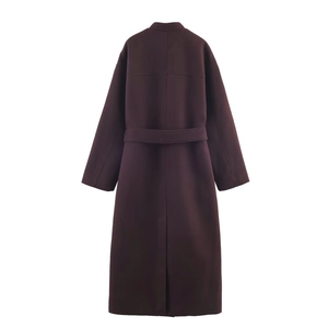 Deep burgundy long sleeve wool coat featuring a waist tie and rear slit back view