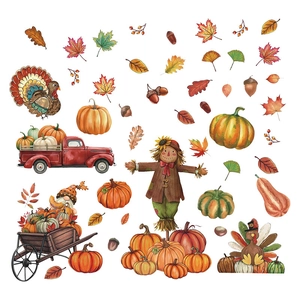 Autumn harvest wall stickers set with pumpkins, scarecrow and watercolor maple leaves