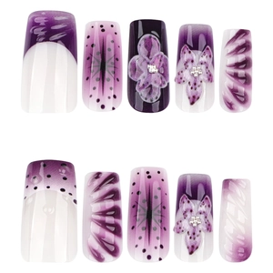 Purple 3D floral press-on nails with French gradient, pearls and rhinestones 10pcs set