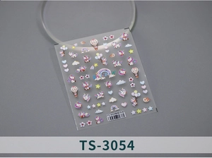 Detailed sheet of TS-3054 rainbow unicorn nail stickers with hearts and balloons