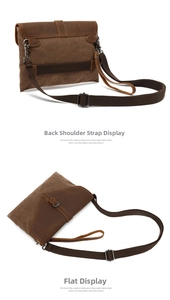 Macro detail of vintage canvas messenger bag showing reinforced strap and leather buckle
