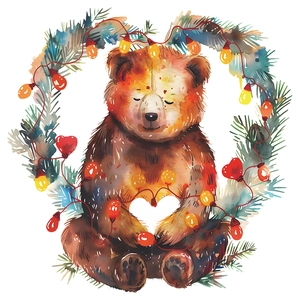 Christmas bear wall sticker with heart lights and pine branches for home decor