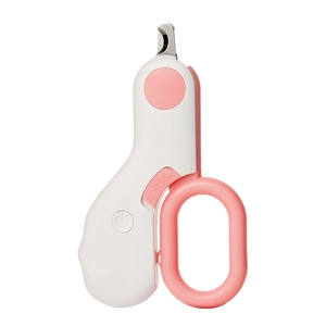 Pink LED pet nail clipper with stainless steel half-moon blade and safety lock for cats