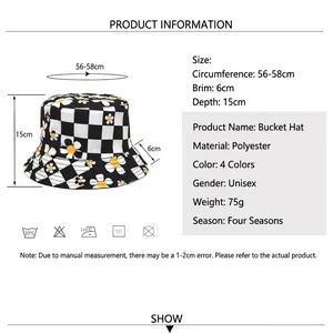 Checkboard daisy bucket hat size guide with dimensions and polyester material specs