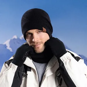 Men Winter Knit Beanie Hat Neck Warmer Touchscreen Gloves Set Thermal Fleece Lined Scarf Outdoor Windproof Accessories
